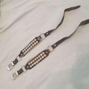 Pair of Black Leather Boot Straps Silver Chain and Stars Biker Cowboy Western